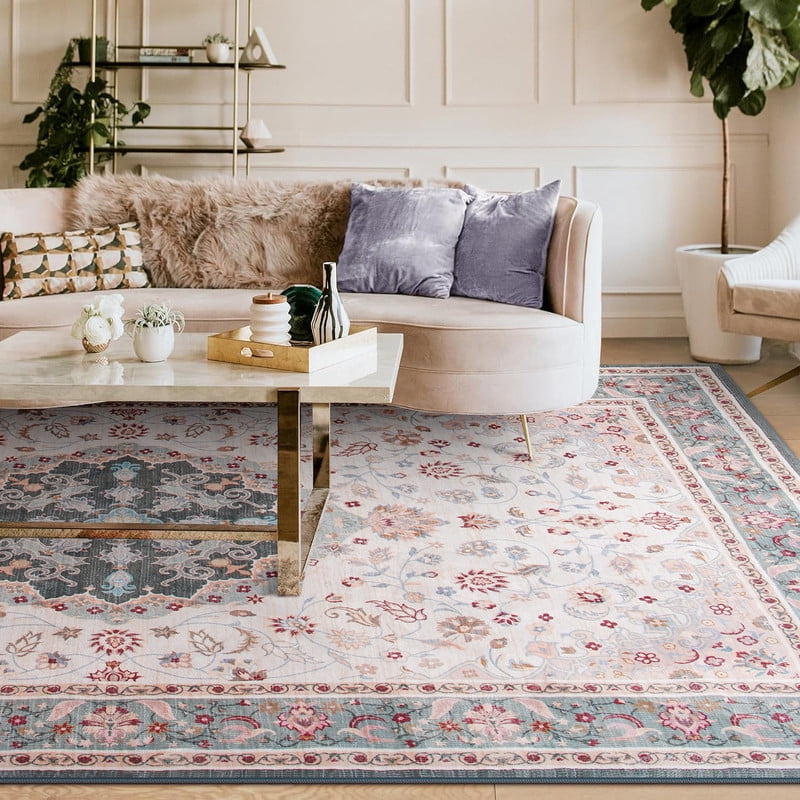 Jamfeel Area Rugs Vintage Floral Printed Washable Non-slip Carpets Foldable Thin Low Pile Rug for Living Room Bedroom 5'x8' Green