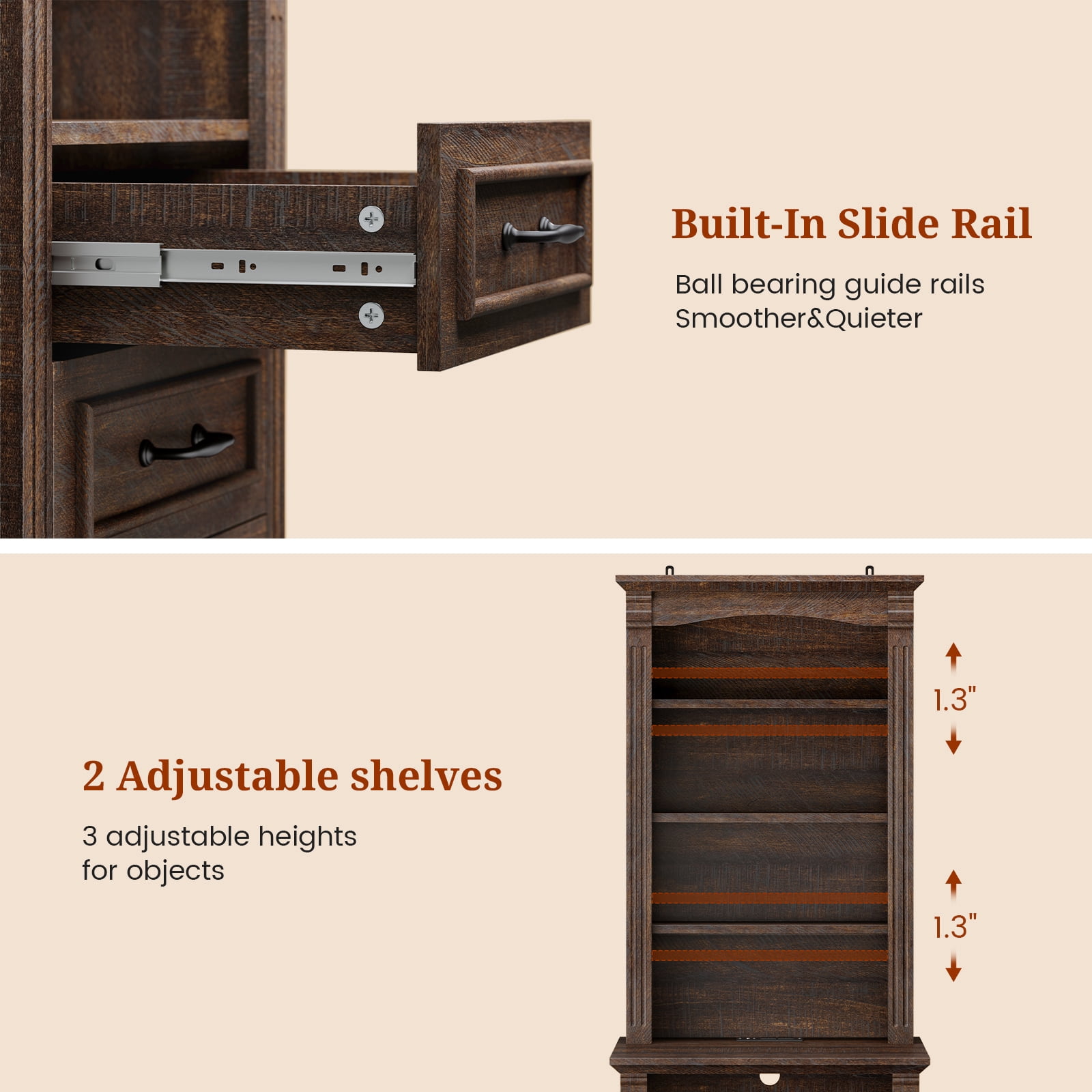 61" Tall Nightstand Set of 2 with Charging Station and LED Lights, End Table with 3 Adjustable Shelves and 3 Drawers, Roman Column Design, Retro Brown