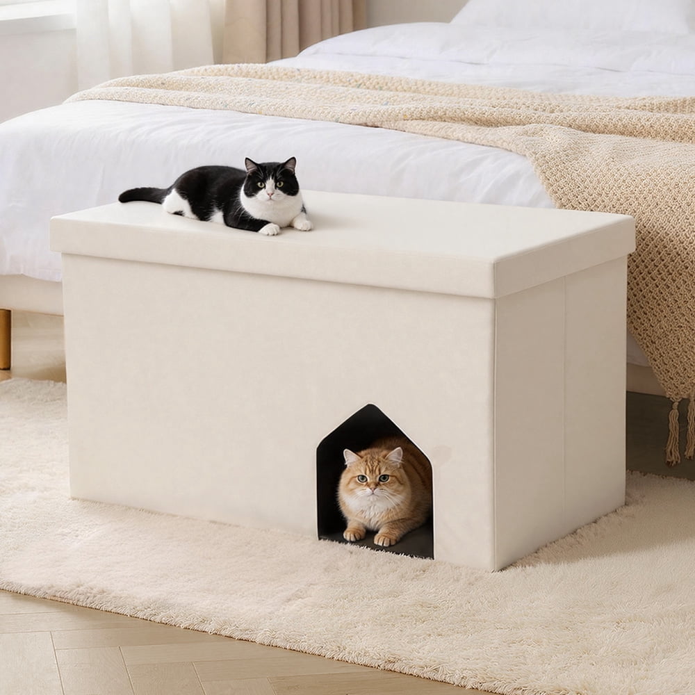 DOMIPET Cat Litter Box Enclosure Hidden Furniture, Multi-Functional Hidden Litter Box Furniture Bench, Dog Proof, Space-Saving Ottoman Cabinet, Foldable Storage Footrest