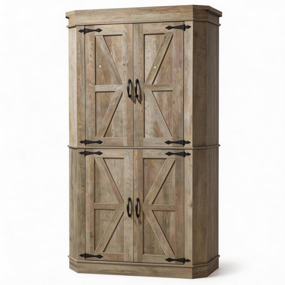 71 inch L Shaped Corner Pantry Cabinet with 4 Doors and Shelves, Freestanding Farmhouse Kitchen Storage Hutch with Side Rack for Dining Room Living Room, Antique Gray