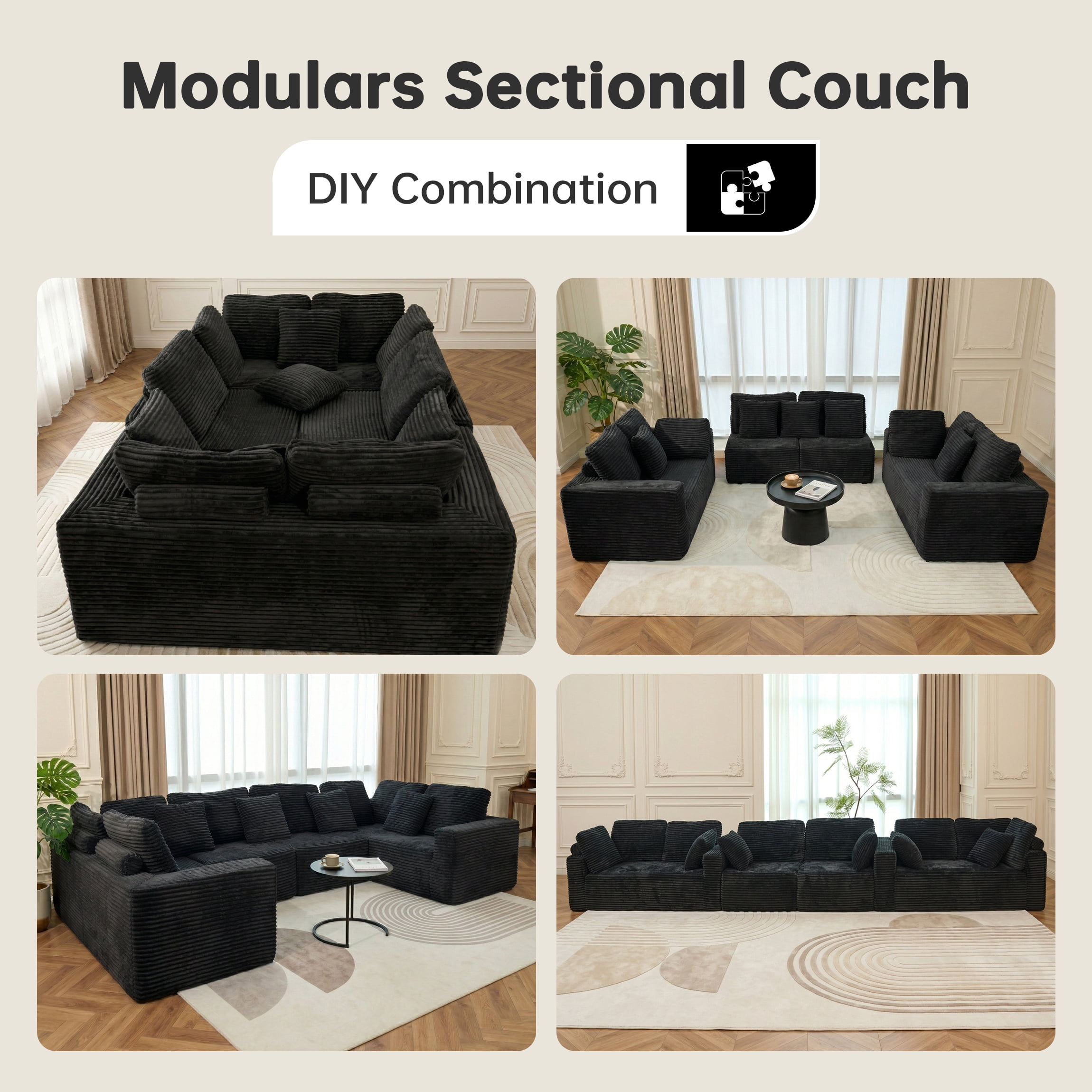 SOULART 135.5" U Shaped Sectional Couch,Black Cloud Boneless Sofa For Living Room,Plush Corduroy Couches With Deep Seat Chaise Lounge,No Assembly Required