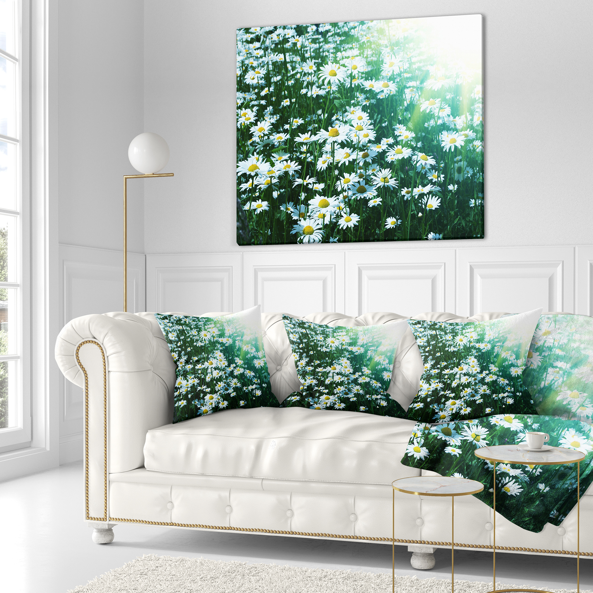 Designart Sunny Garden with Cute White Flowers - Floral Throw Pillow - 16x16