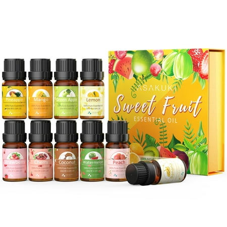ASAKUKI Essential Oil Set, Fruity Aromatherapy Oil (Green Apple, Cherry, Strawberry, Lemon, Mango, Coconut, Banana, Pineapple, Peach & Watermelon) - 10 Pack of 10 ml