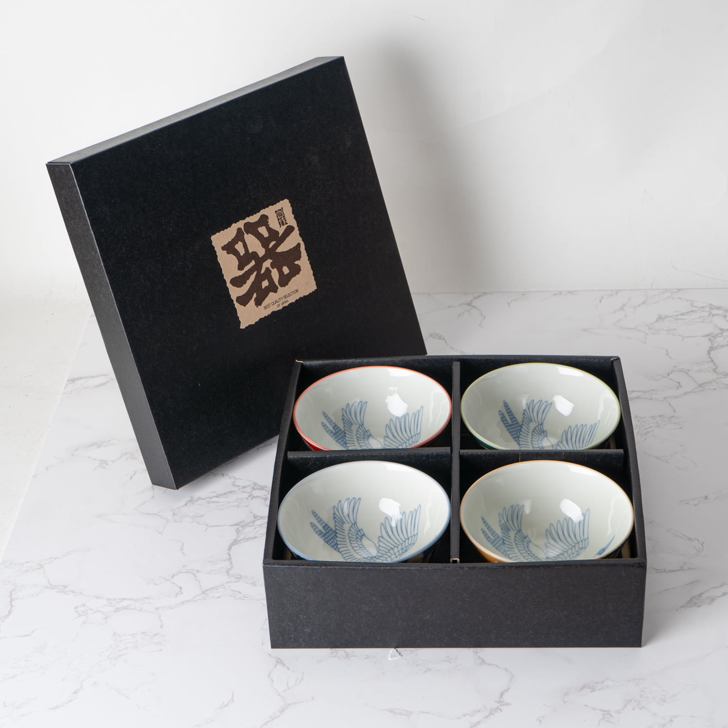 Authentic Japanese Rice Bowl Set 4 Piece Japanese Crane Design 4.5 Inch D Soup Bowls Minoware Porcelain Made In Japan