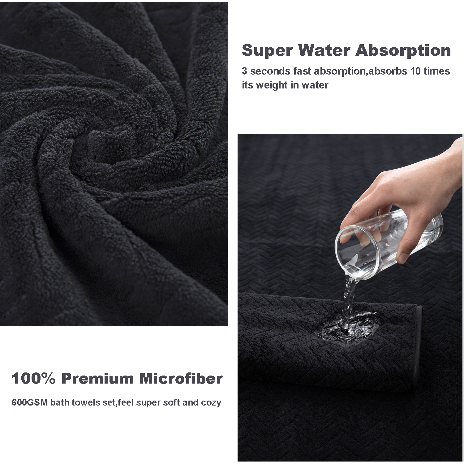Chino Home 4-Pack Black Bath Towel Set, Oversized Ultra Soft Microfiber Bathroom Towel Set Adult Luxury Lightweight Cozy Collection