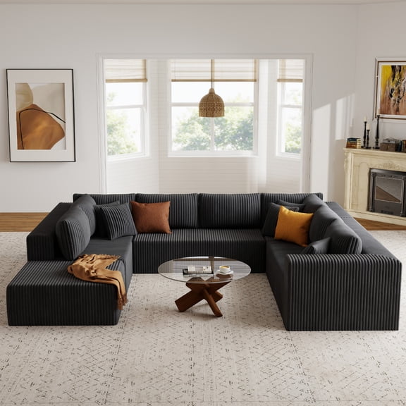 135" Oversized U-Shaped Cloud Sofa Set, No-Assembly Plush Corduroy Modular Sectional with Ottoman, Reversible Chaise & Deep Seats