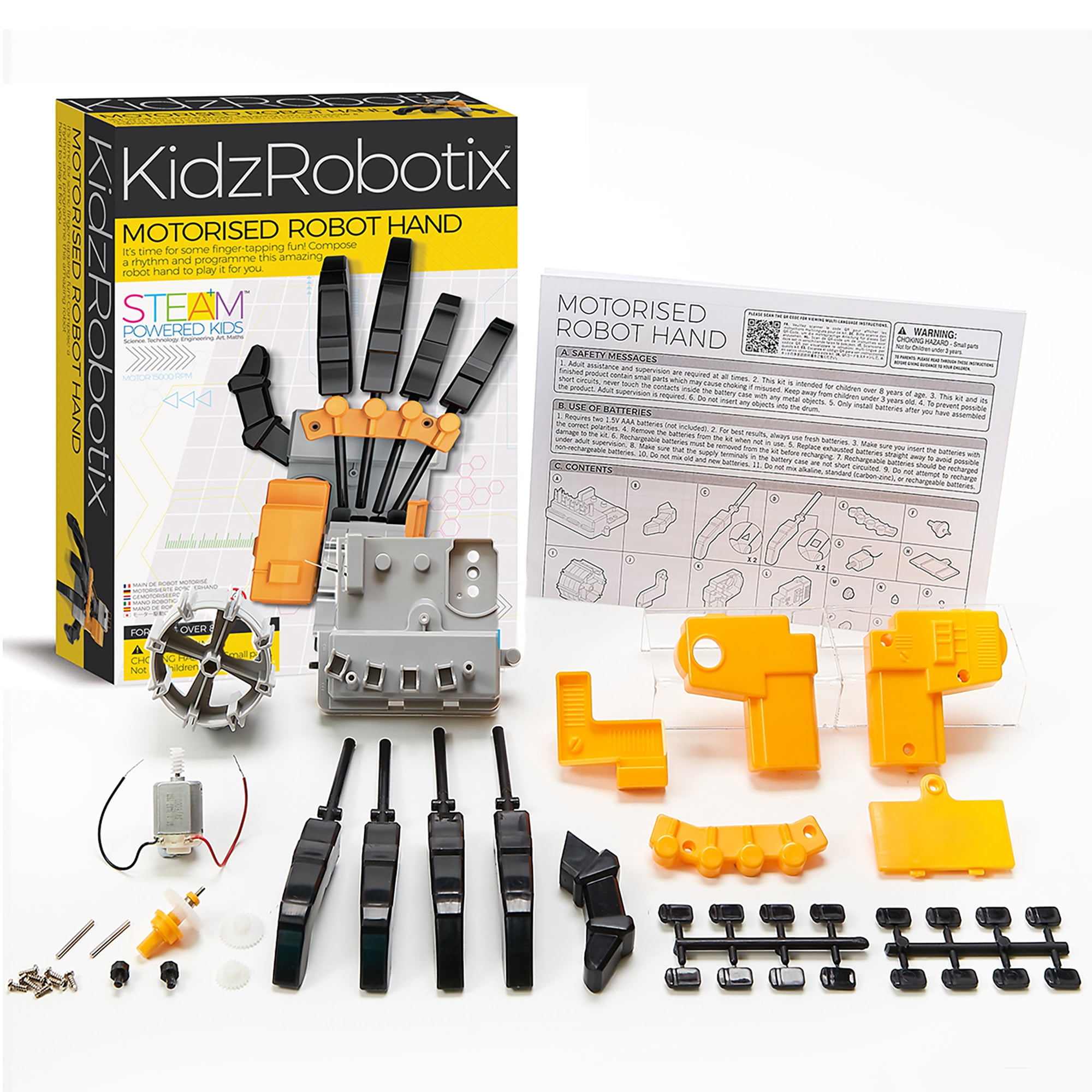 4M: KidzRobotix - Motorized Robot Hand - DIY Building Science Kit, Programmable Drum, Lever-Based Fingers, Precision Gear System, STEM Toy, Kids 8+
