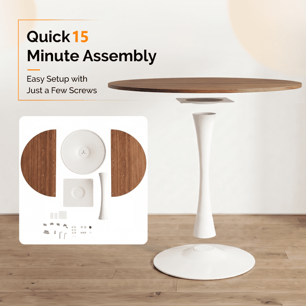 Round Tulip Dining Table for 4 People, Melamine Laminated MDF Tabletop with Metal Pedestal Base, Easy Assembly Modern Kitchen Dinner Table, 39.4"X39.4"X29.5"