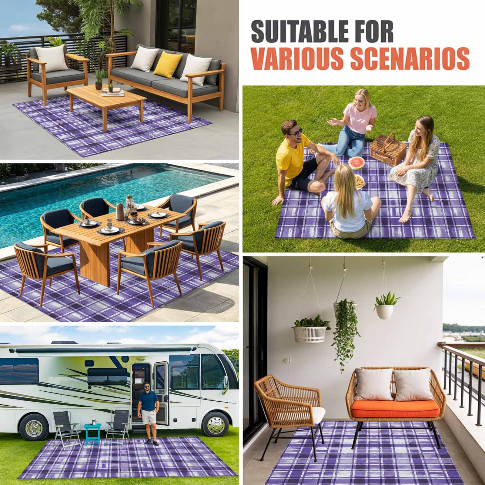 Purple Plaid Outdoor Rug 6x9 Ft, Non Slip Washable Area Rug, Modern Art Checkered Farmhouse Patio Rugs Carpet Runner, Large Floor Mat for Indoor/Outdoor Deck Porch Camping