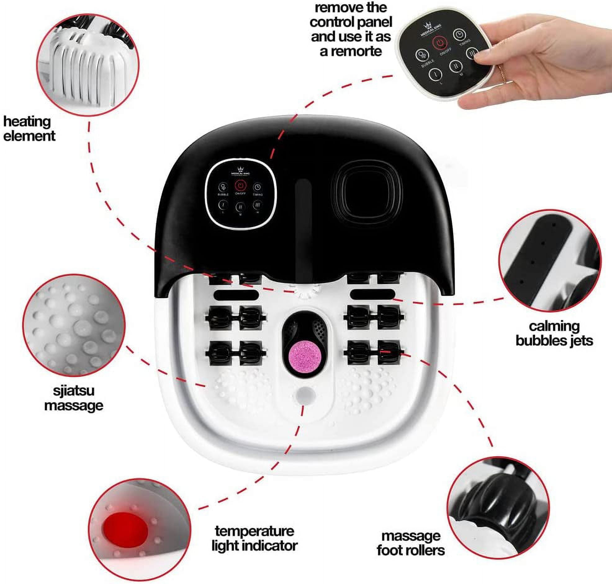 Foot Spa Massager with Collapsible option, Heat, Jets and Remote Control, Pumice Stone, Bubbles and Vibration Button - Medical King Usa