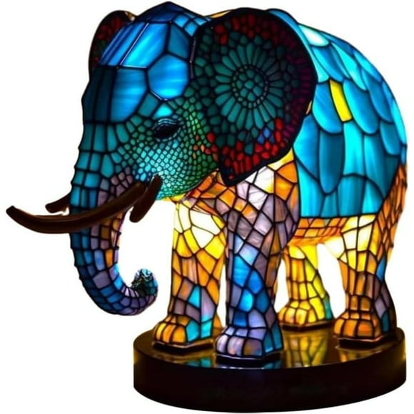 Animal table lamp series colore Elephant lamp Retro bedside lamp Tiffany style Night light Bohemian Resin lamp for bedroom-15cm