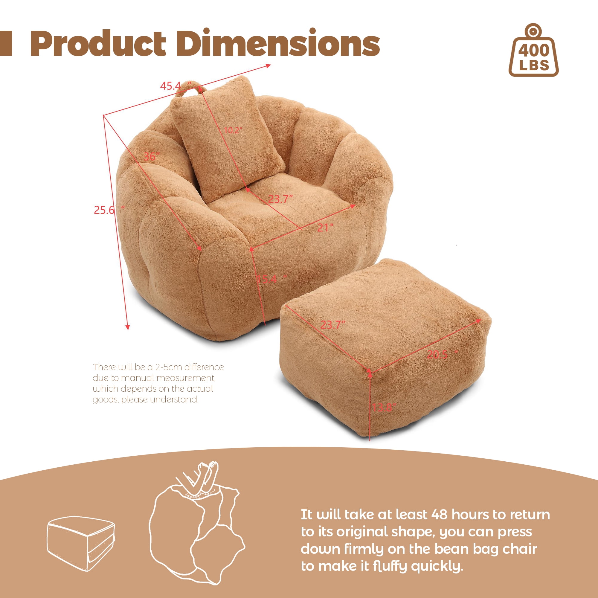 Aukfa Giant Bean Bag Chair,Lounge Chair Floor Lazy Sofa Bed with Ottoman & Pillow,Khaki