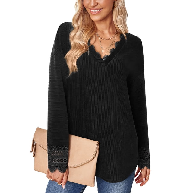 Mujeres V Masajeadores de cuello Camisas Encaje patchwork gota hombro mangas camiseta color puro manga larga pullover