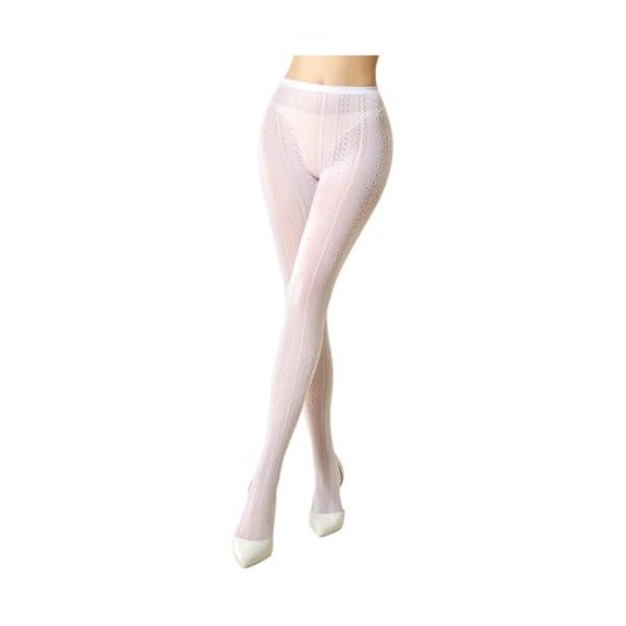 ZC Women's Hollow Out Knitted Patterned Tights White Lace Fishnet Stockings Vertical Strips Pantyhose with High Waist