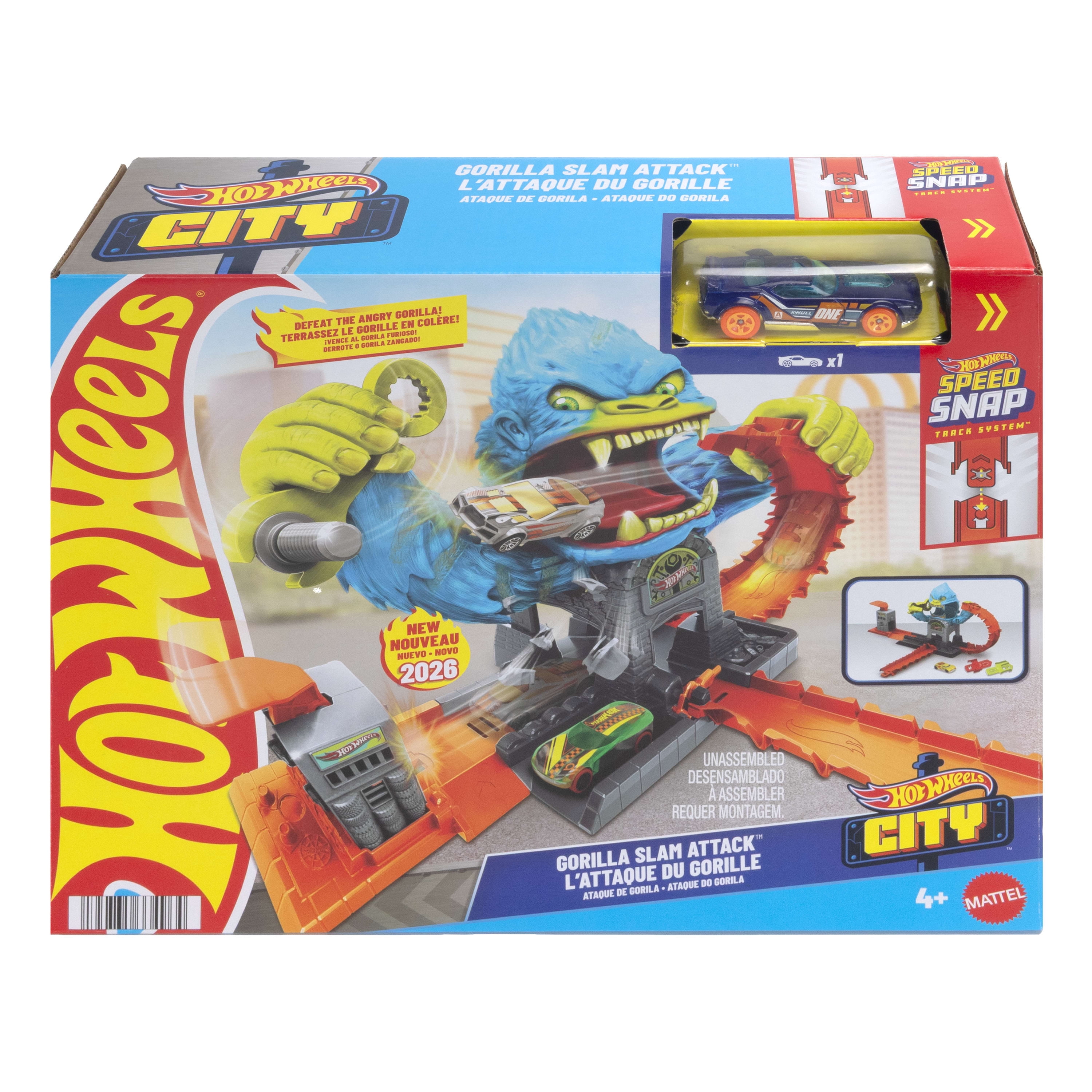 Hot Wheels City Gorilla Slam Attack Playset & Toy Car, Multiple Ways to Play, Speed Snap Track