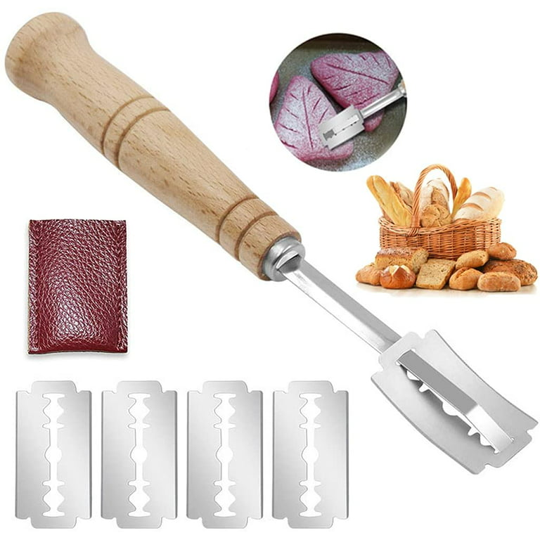 Premium Bread Lame with 4 Blades Wooden Handle,Bread Bakers Lame Slashing Tool,Dough Scoring Knife,for Sourdough Bread Slashing Included Leather Cover