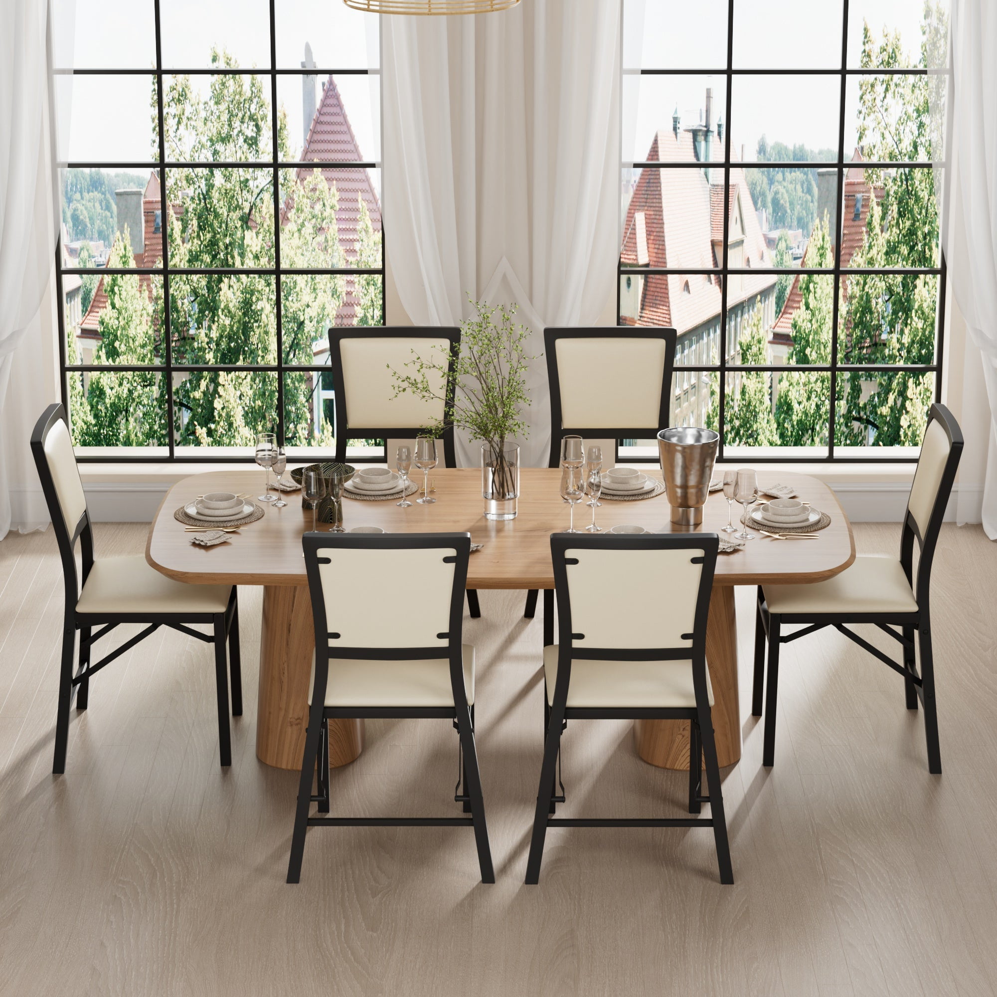 VECELO Dining Chairs Set of 6, Space-Saving and No Assembly, High Back PU Upholstered Folding Chairs with Metal Frame for Kitchen and Living Room, Beige