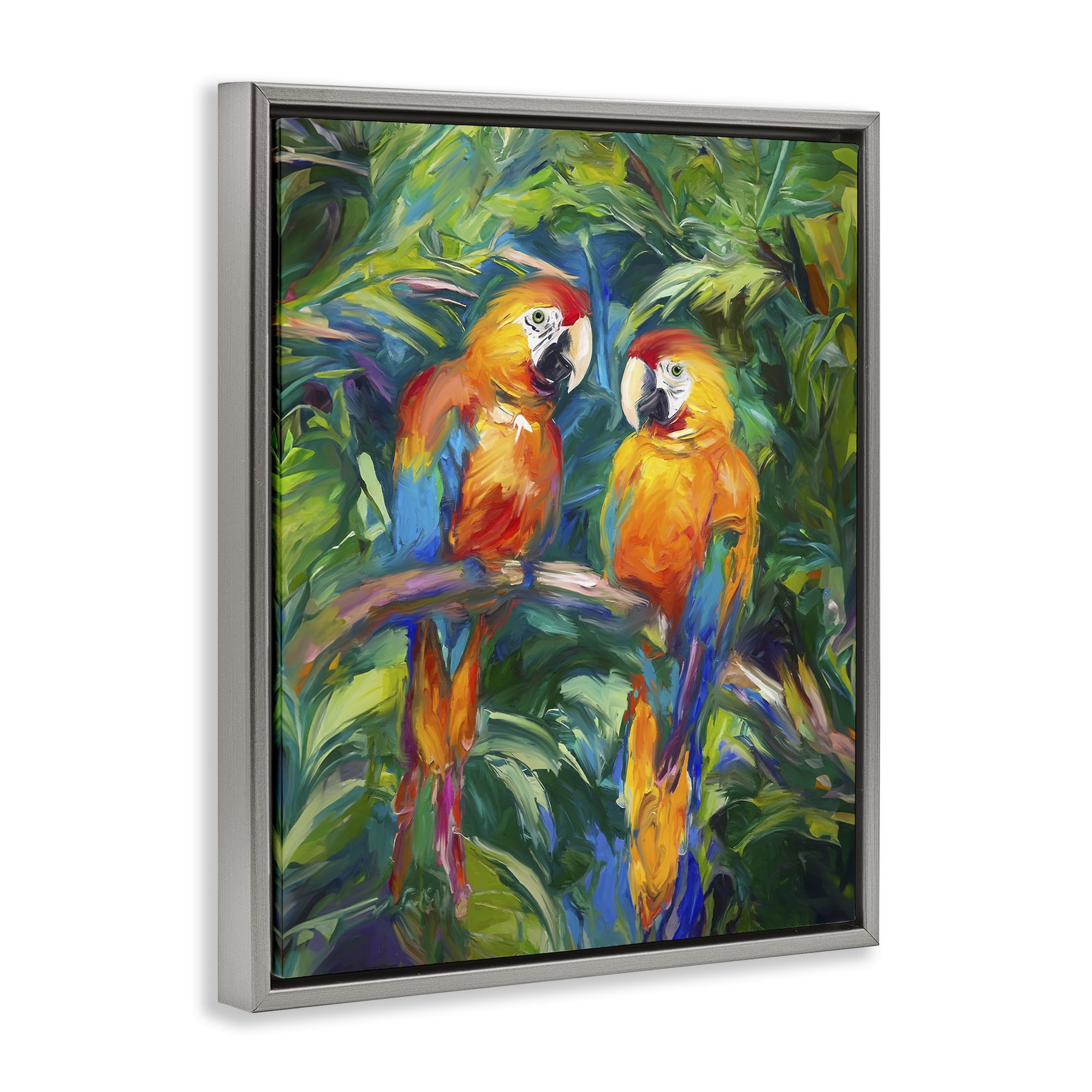 Stupell Industries Rainforest Parrot Branch Animals & Insects Painting Gray Floater Framed Canvas Art Print Wall Art, 25 x 31