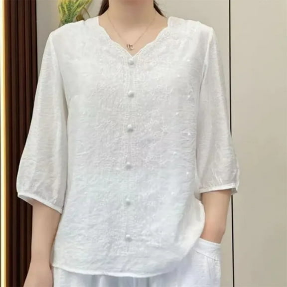 Karight Women Cotton Linen Tops 2025 Summer 3/4 Lantern Sleeve Embroidered Shirts Loose V-Neck Boho Tees Vintage Blouses