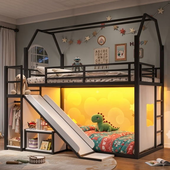 Twin Size House Loft Bed with Slide, LED Play Area, Hanging Clothes Rack & Storage Bag, Metal Playhouse Loft Bed with Guardrails, No Box Spring Needed, Black