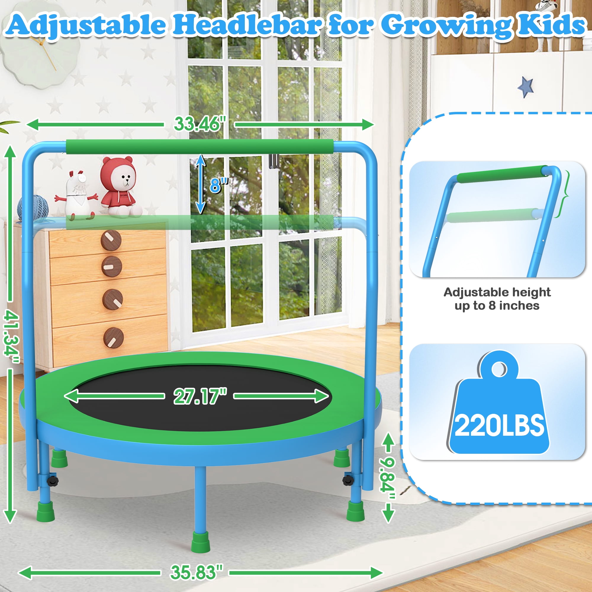 Cochan 36inch Mini Trampoline for Kids, 3FT Small Indoor Trampoline with Handlebar Ages 1-6, Foldable Kids Trampoline for Toddlers, Brithday Gift for Boy and Girl