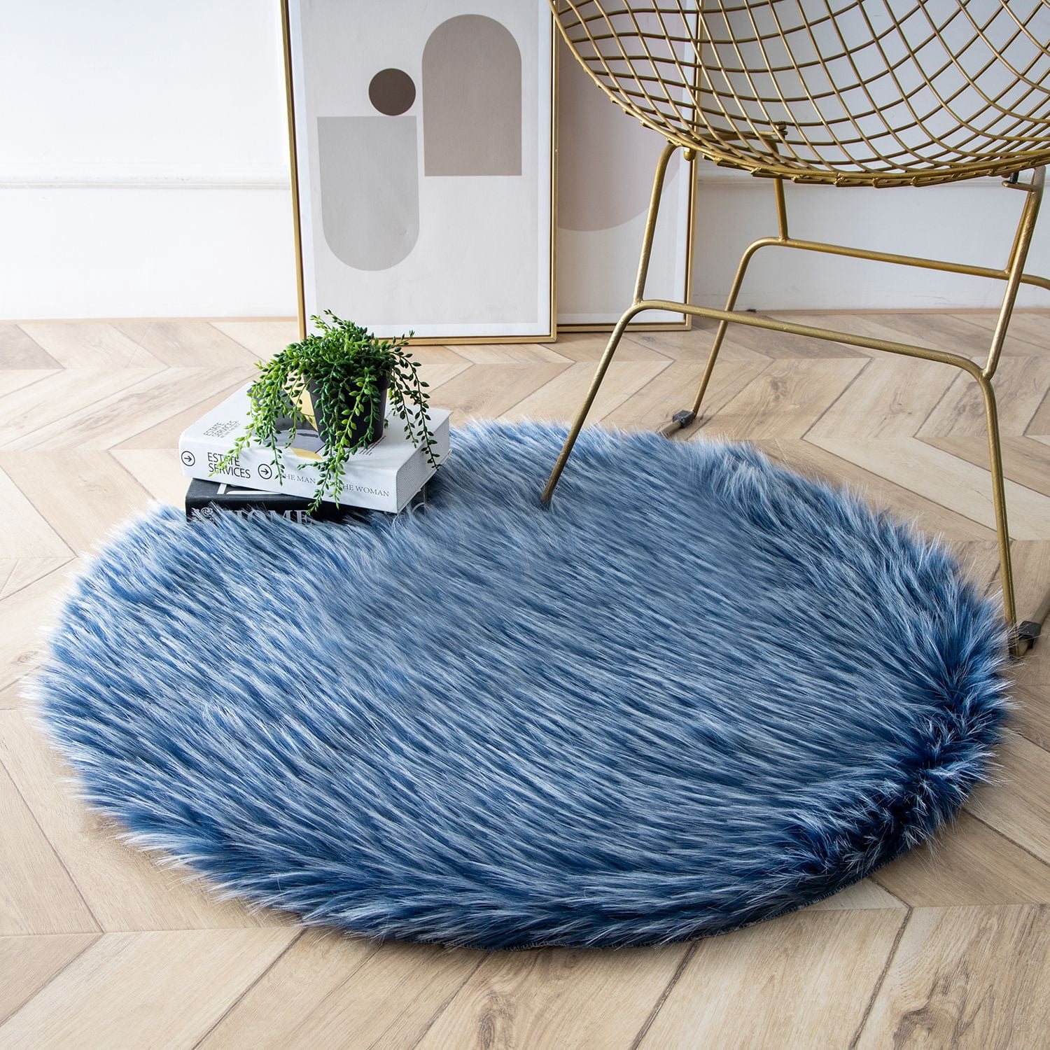 Phantoscope Faux Sheepskin Fur Area Rug, Soft Fluffy Faux Fur Carpet, Dark Blue, 3 x 3 ft, Round