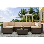 Danrelax 7-Piece Outdoor Sectional Sofa Patio Conversation Set, PE Rattan Wicker Furniture, Steel Frame, Brown