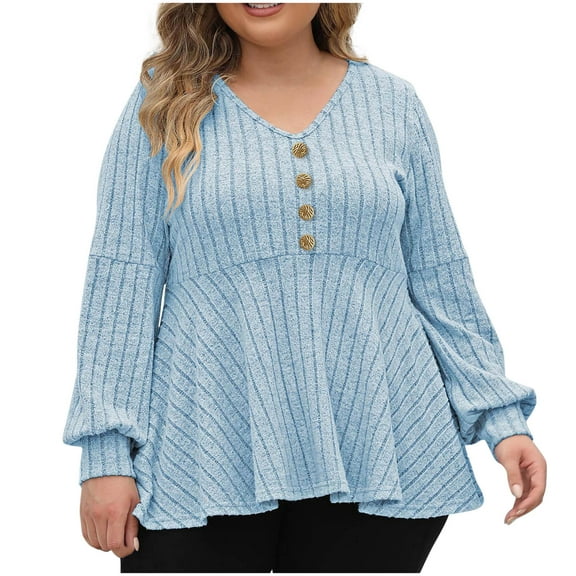 HAiming Plus Size Sweaters for Women Long Sleeve V Neck Button Dress Tops Casual Loose Pullover Solid Tunic Shirt
