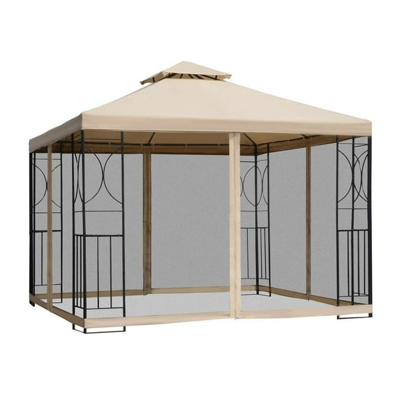 SAZYY 10x10 Patio Gazebo with Shelves & Netting, Outdoor Canopy with Weather-Resistant Roof & Storage Trays