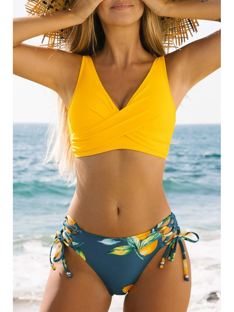 CUPSHE Bikiniset voor dames, twist front, hoge taille, v-hals, gewatteerd, 2 -delige set, badpakken, zwempakken, Bruin, S