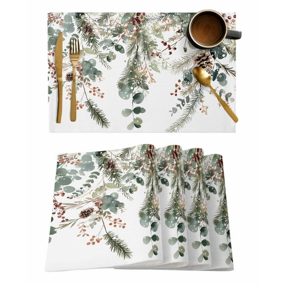 Placemats Set of 8, Christmas Woven Placemat, Linen Place Mats for Kitchen/Dining Tables, Xmas Botanical Pinecone Eucalyptus Leaves Washable Table Mats for Party