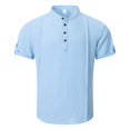 thumbnail image 1 of Camisa de Manga Corta Plisada con Botón de Cuello en V, Mezcla de Algodón de Poliéster Top de Vacaciones de Playa, Suelto para Hombres, 1 of 8