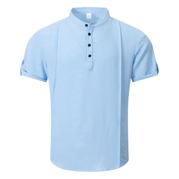 Camisa de Manga Corta Plisada con Botón de Cuello en V, Mezcla de Algodón de Poliéster Top de Vacaciones de Playa, Suelto para Hombres