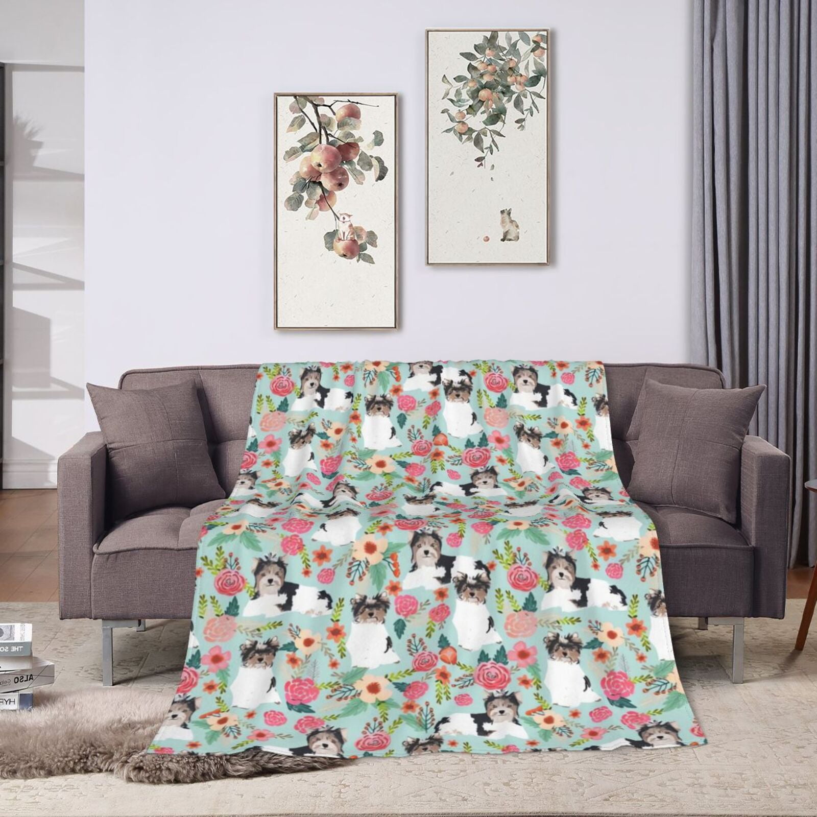 Wijzvio Biewer Terrier Dogs Flower Floral Throw Blanket Soft Fuzzy Fleece Blanket For Couch Bed Living Room Decoration 50"X40"