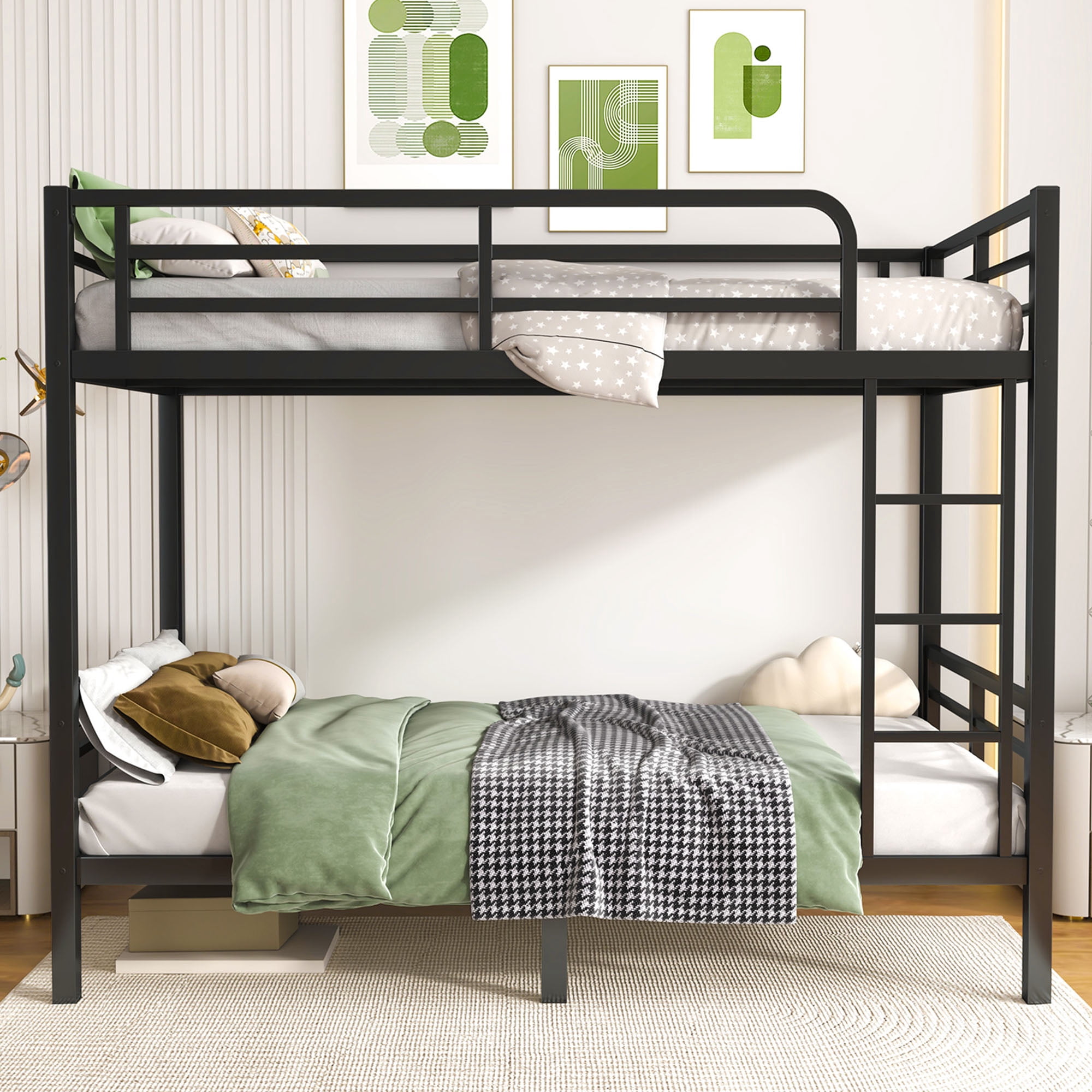 Miniyam Twin over Twin Metal Bunk Bed Frame, Noise Free, Space Saving, Black