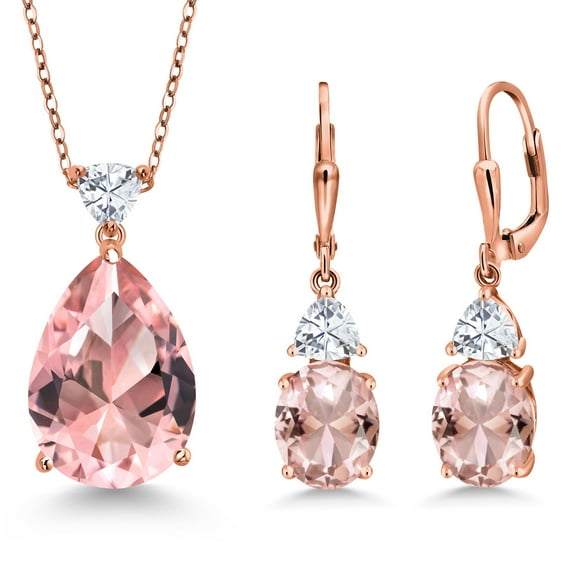 Gem Stone King 18K Rose Gold Plated Silver Peach Nano Morganite and White Moissanite Pendant Earrings Jewelry Set for Women (16.40 Cttw, Pear Shape 18X13MM, with 18 inch Chain)