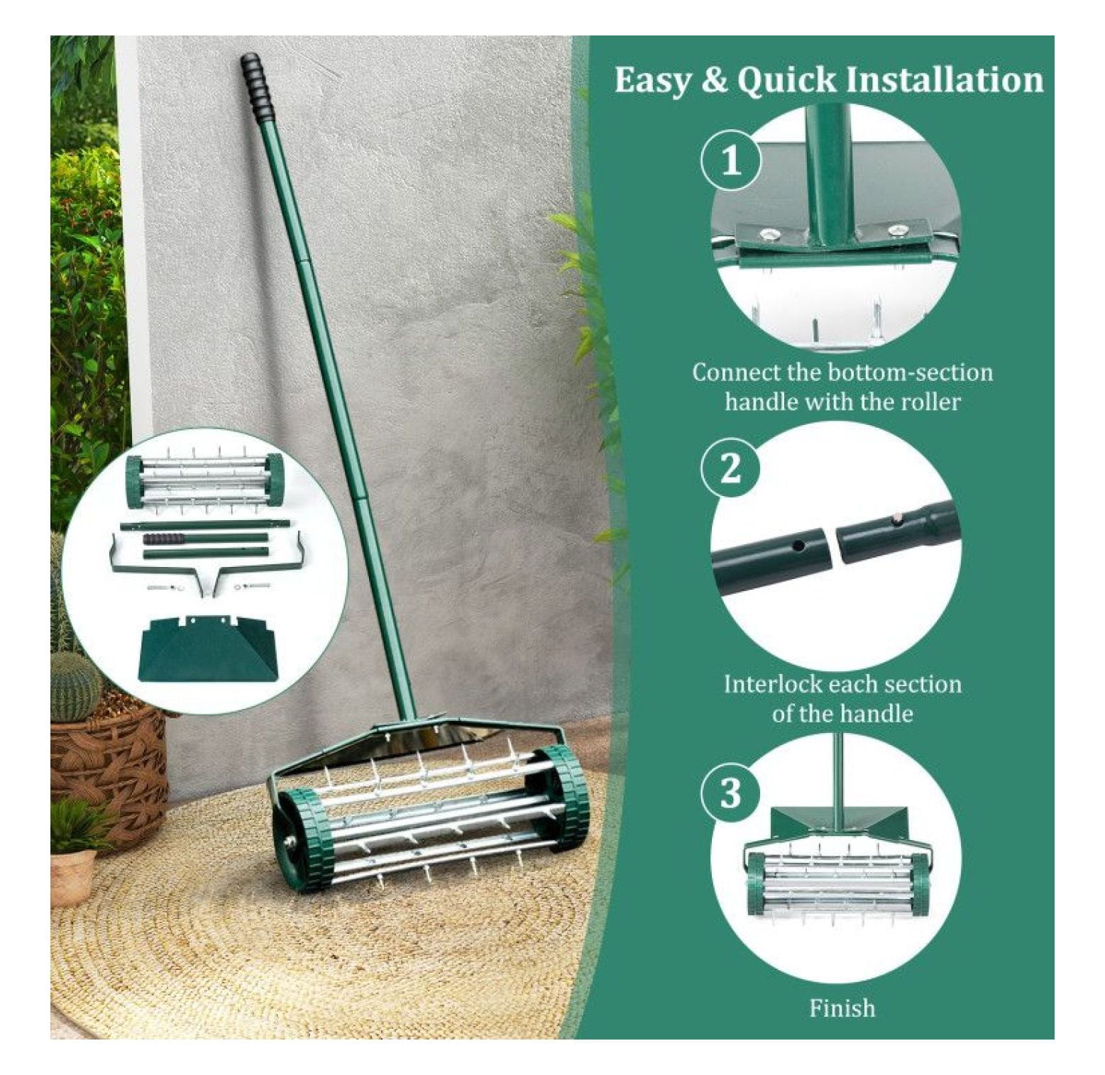 Rolling Lawn Aerator 18 Inch - Garden Soil Aerator with Splash Guard - Lightweight Steel Aerator Tool for Water & Nutrient Absorption - Lawn Care
