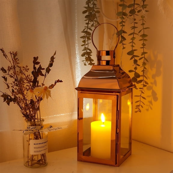 Decorative Medium Stainless Steel Candle Lanterns with Tempered Glass, Rose Gold