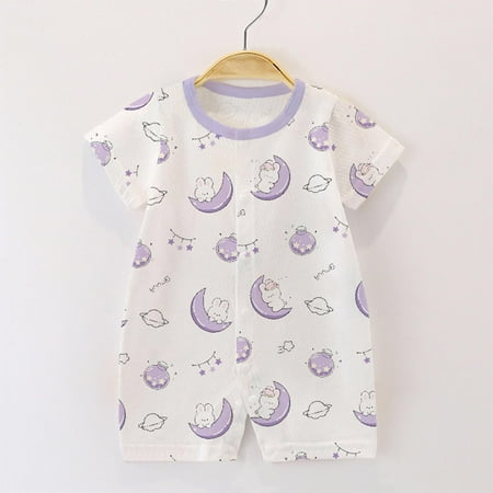 BLTIBY Newborn Baby Boys Girls Romper Summer Round Neck Short Sleeve Printed Pullover Rompers Infant Toddler Cute One-Piece Fashion Bodysuit Purple 9-12 Months