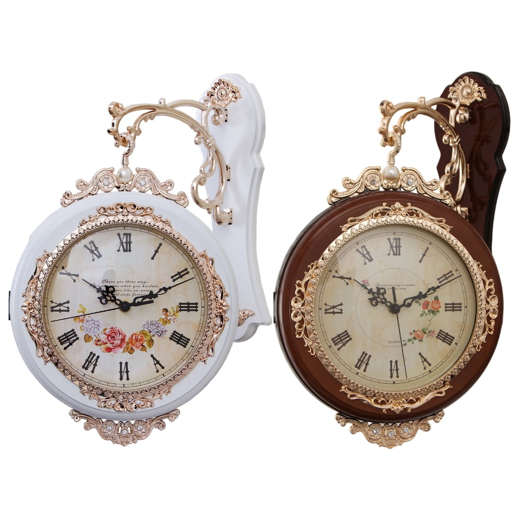 PatungKu European Antique Quiet Double View Wall Clock For Bedroom Dining Room Decors