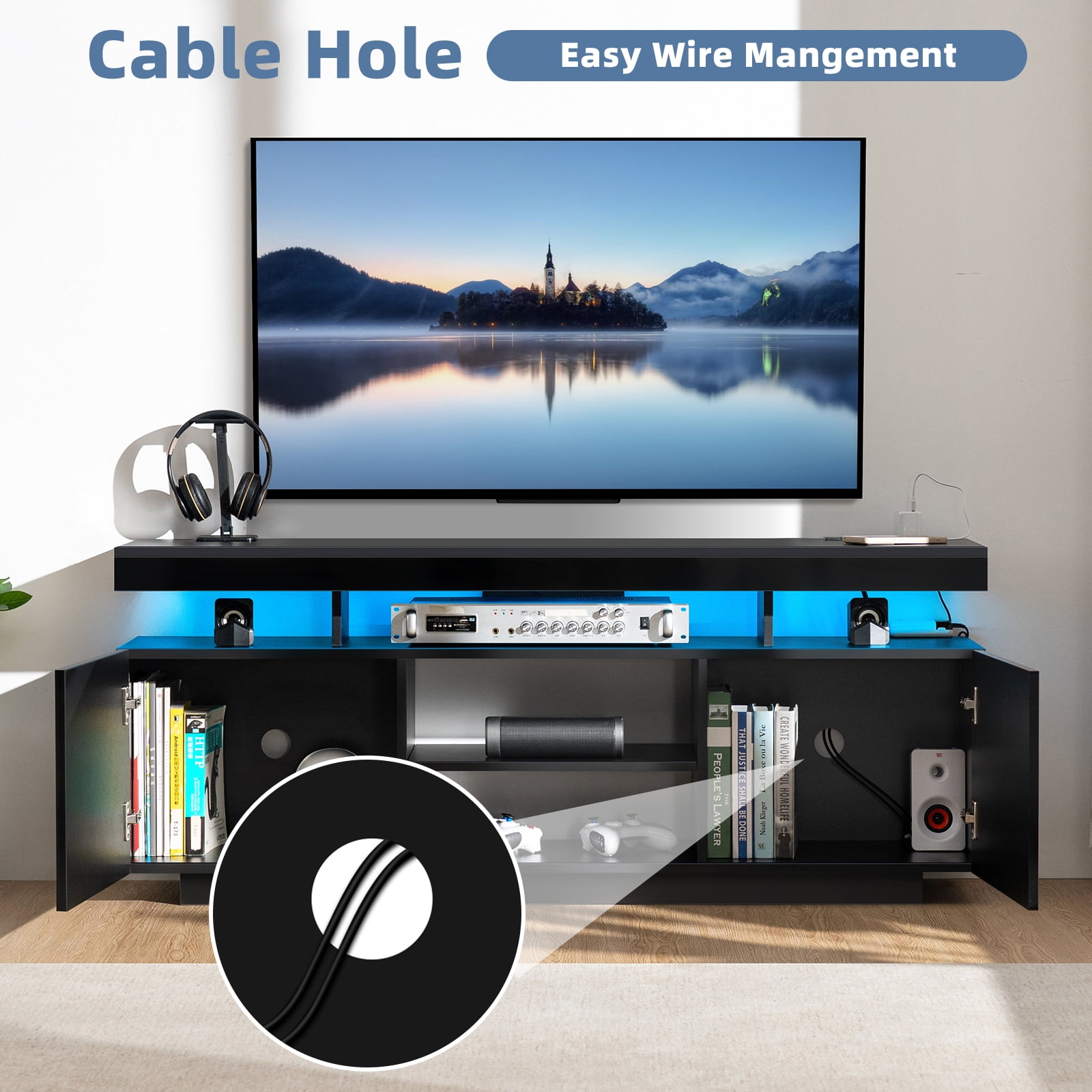 Hommpa TV Stand for TVs up to 65" with LED Lights & Power Outlets Modern Gaming Entertainment Center High Gloss Media Console TV Cabinet Black