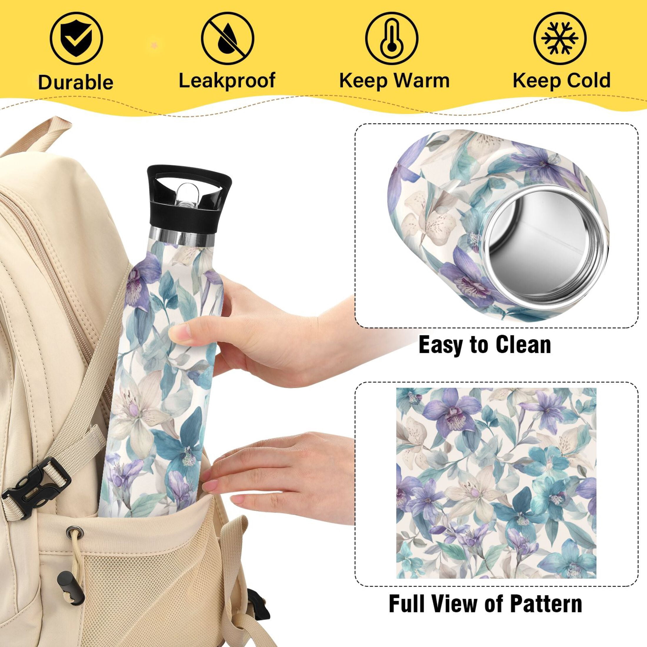 Kids Insulated Stainless Steel Sports Water Bottle 600ml (20oz) Watercolor Orchids and Lilies