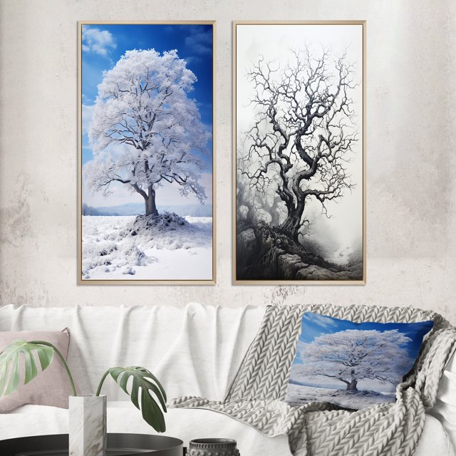 Designart "White Tree Winters Beauty III" Trees Framed Wall Art Set Of 2 - White Landscapes Framed Canvas Set For Living Room Decor
