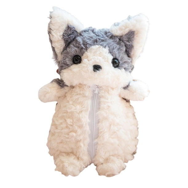 Estuche de peluche con forma de perro para lápices, bolígrafos y otros artículos de papelería. Gris