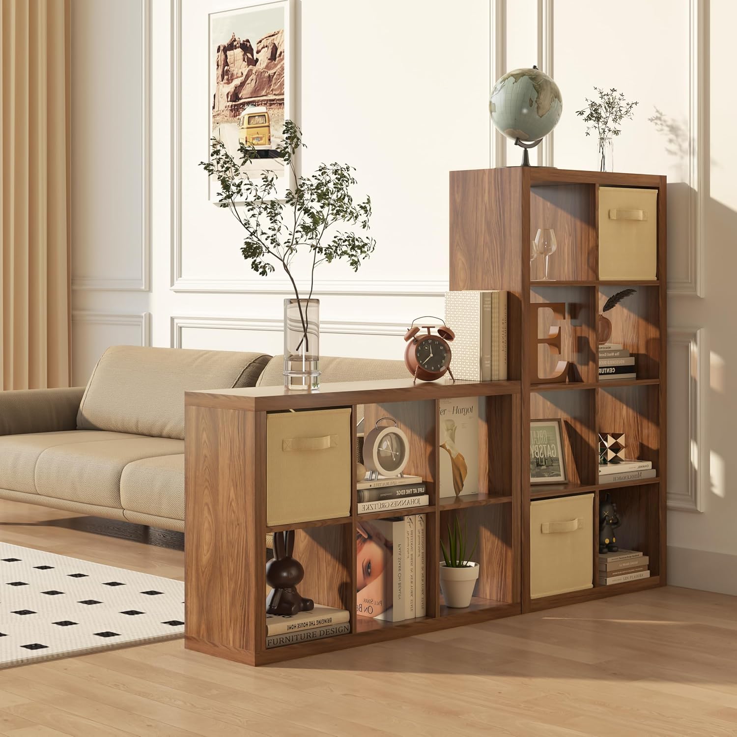 Bookshelf with Storage Bins, 4-Cube Storage Organizer with Back Panels, Modern Wood Open Bookcase, Multifunctional Display Shelf for Living Room, Bedroom, Home Office, Classic Oak