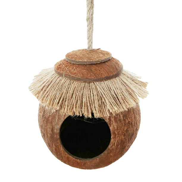 Casa de cáscara de coco para loros, decoración de hábitats, jaula nido para periquitos. Colgante