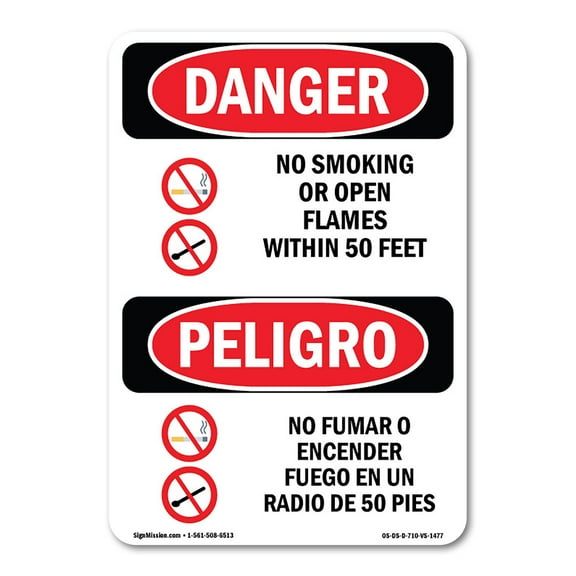 OSHA Danger Sign - No Smoking Or Open Flames 50 Feet Bilingual | Decal | Protect Your Business, Construction Site, Shop Area |  Made in The USA