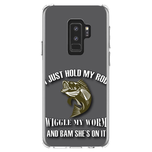 DistinctInk Clear Shockproof Hybrid Case for Samsung Galaxy S9  PLUS (6.2" Screen) - TPU Bumper, Acrylic Back, Tempered Glass Screen Protector - Fishing - Wiggle My Worm
