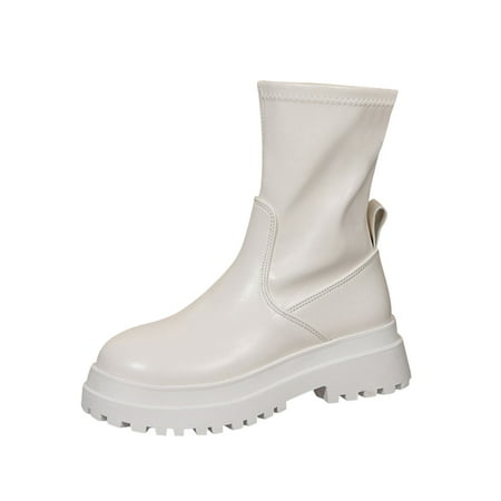 

SEMIMAY Ladies British Style Solid Color Leather Round Head Thick Bottomed Fashion Short Boots White