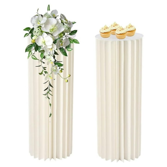 Foldable Paper Columns 2 Pcs Display Pedestals, Cream White Wedding Centerpieces Display, Cylinder Flower Stand, Paper Pillar for Engagement Birthday Party Decoration - 20 Folds, XL